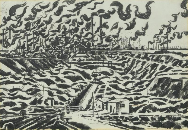 Eine Schwarz-Weiß-Zeichnung einer Fabrik mit Rauch, der aus ihren Schornsteinen aufsteigt, umgeben von Häusern, Pfählen und anderen Gegenständen, mit der Beschriftung "Gustav Klimt, Die Fabrik" unten.