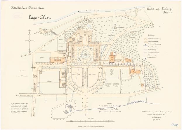 Ein detaillierter Stadtplan von Köln, Deutschland, mit einer Zeichnung eines Gebäudes auf einem Blatt Papier, einschließlich Text über die Geschichte, Kultur und Sehenswürdigkeiten der Stadt.