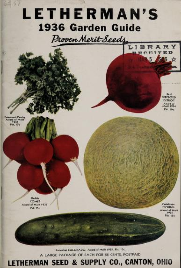 Ein Buch mit dem Titel "Lethermans 1936er Gartenneuheiten-Führer" mit Bildern von Gemüse und Text auf dem Cover.