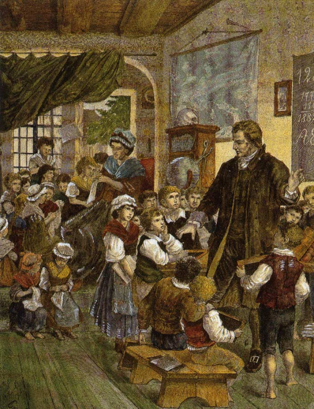 Ein Gemälde mit dem Titel "Die Lehrerklasse" von William Hogarth, das einen Mann vor einem Klassenzimmer mit Kindern zeigt, einige sitzen auf Bänken und andere stehen, mit einer Tafel, einem Foto Rahmen, Fenster, Vorhang und Dach auf der rechten Seite.