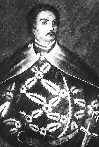 Schwarzes und weißes Foto von Papst Johannes Paul II. in Priesterrobe, trägt eine schwarze Robe mit weißem Kragen und Manschetten, Hände verschränkt, strenger Ausdruck, direkter Blick.