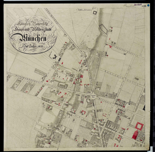Alte Karte von München, Deutschland mit schwarzem Rand, zeigt detaillierte Straßen, Gebäude und Sehenswürdigkeiten.