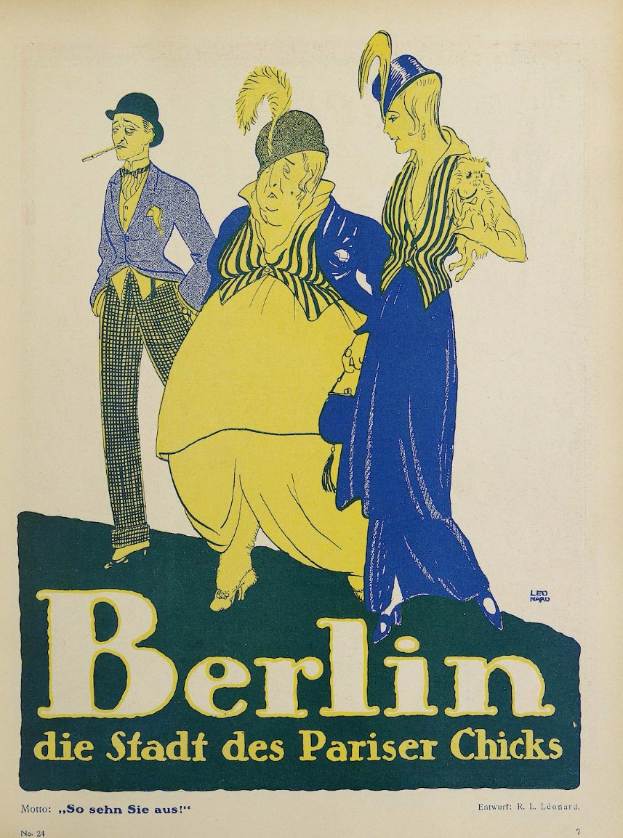 Plakatankündigung für ein Konzert in Berlin, Deutschland, mit einer Gruppe farbenfroher Menschen vor einem Gebäude und dem Text "Berlin - Die Stadt des Pariser Chicks" oben.
