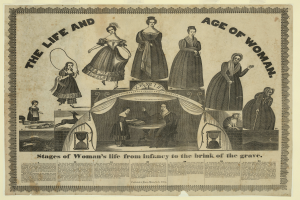 Ein buntes, detailliertes Papier, das die Lebensphasen von Frauen von der Kindheit bis ins hohe Alter illustriert, mit fetter Schrift, die die Botschaft betont.