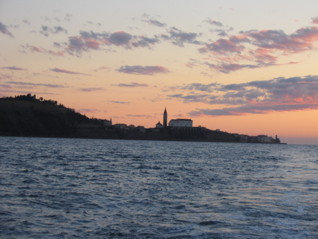 Ein Gewässer mit Gebäuden, Bäumen und einem bewölkten Himmel im Hintergrund, aufgenommen außerhalb einer Stadt.