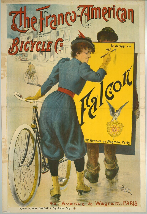 Plakat für die Franco-Amerikanische Fahrradgesellschaft, das eine Frau neben einem Fahrrad zeigt, mit Werbetext.