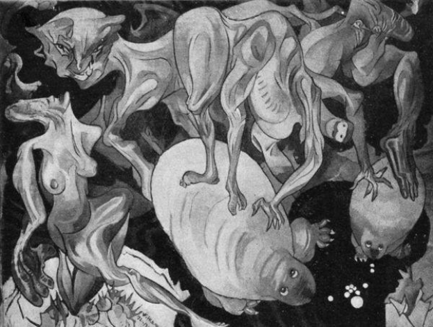 Schwarz-weiß-Zeichnung aus dem Jahr 1938 von KÜNSTLER, die eine Gruppe von Tieren, darunter ein Löwe, eine Giraffe, ein Zebra und ein Flusspferd, in einem dunklen, mysteriösen Raum zeigt.