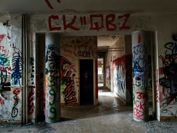 Verlassene Gebäude mit Graffiti-bedeckten Wänden, Säulen, freigelegter Boden und sichtbaren Rohren, mit einer Tür im Hintergrund.