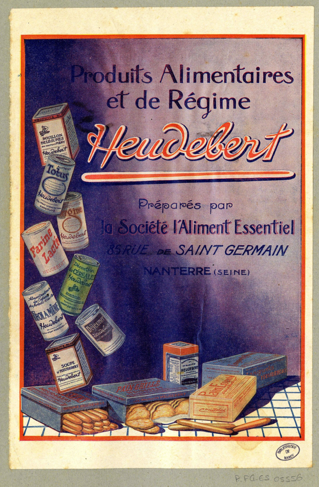 Plakat mit der Aufschrift "Heidelberg - Produkte Alimentaires et de Régime Heidelberg", das verschiedene Lebensmittel, Schachteln und Gegenstände zeigt.