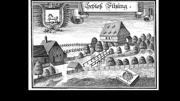 Schwarz-weiß-Zeichnung eines Bauernhofs mit Häusern, Bäumen, einem Zaun, Gras und einem Logo mit Text und einem Pferd, wobei der Text "Seblöf Glising, das erste Haus in Deutschland" lautet.