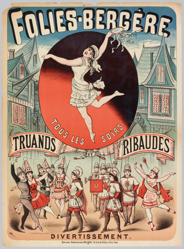 Ein Plakat, das eine Tanzshow in Paris ankündigt, mit einer Gruppe von Menschen im Vordergrund, die tanzen, und Gebäuden im Hintergrund sowie beschreibendem Text.