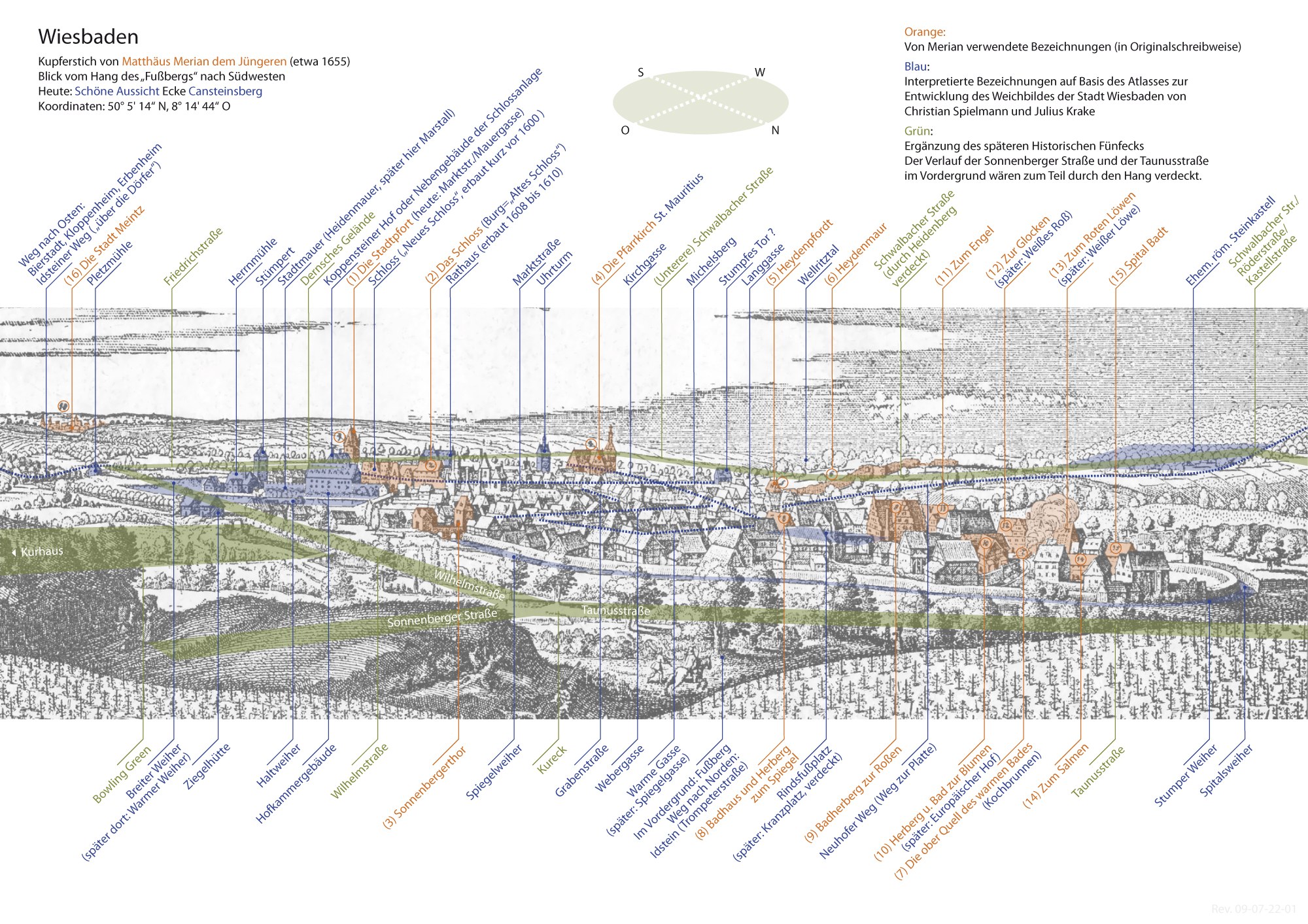 Eine Karte von Wiesbaden, Deutschland, mit einem weißen Hintergrund, die seine Bezirke in verschiedenen Blautönen, Grüntönen und Gelbtönen zeigt, begleitet von Text, der die Geschichte der Stadt, die Bevölkerung, Sehenswürdigkeiten und Sehenswürdigkeiten beschreibt.