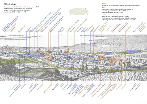 Eine Karte von Wiesbaden, Deutschland, mit einem weißen Hintergrund, die seine Bezirke in verschiedenen Blautönen, Grüntönen und Gelbtönen zeigt, begleitet von Text, der die Geschichte der Stadt, die Bevölkerung, Sehenswürdigkeiten und Sehenswürdigkeiten beschreibt.