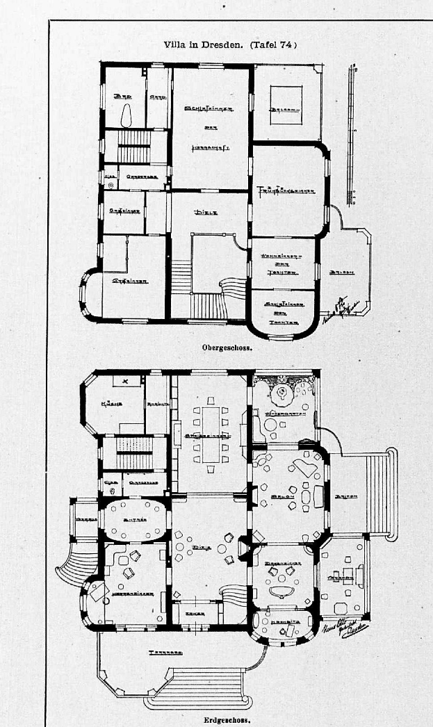 Ein Schwarz-Weiß-Bodenplan-Zeichnung eines Hauses, das als Villa in Dresden, Deutschland, vermutet wird, mit Text, der das Layout, die Raumzahl und die Raumgrößen beschreibt.
