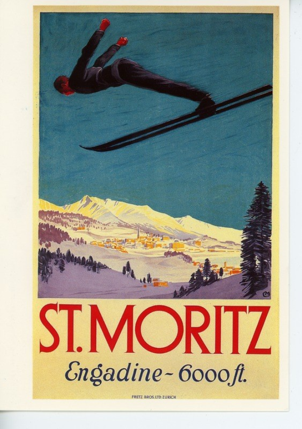 Plakat eines Skifahrers in der Luft vor einem Hintergrund aus Bäumen, Häusern und Bergen mit dem Text "St. Moritz, Engadin - 6000ft" unten.