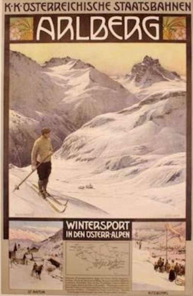 Ein Plakat, das den Wintersport in den österreichischen Alpen bewirbt, zeigt einen Skifahrer und Bilder von Menschen und Bergen mit begleitendem Text.