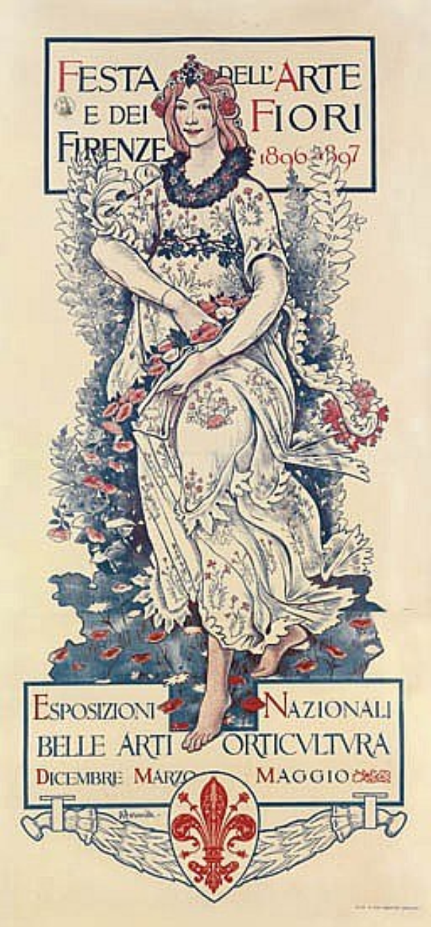 Plakat für ein italienisches Festival, das eine Frau in einem langen weißen Kleid mit hohem Kragen, einem Dutt und einem sanften Gesichtsausdruck zeigt, vor einem hellblauen Hintergrund mit fetter schwarzer Schrift.