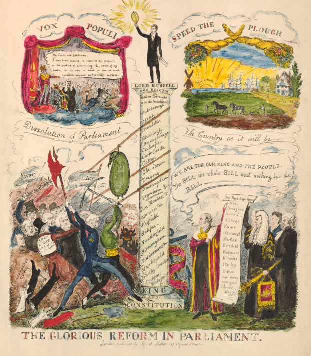 Ein buntes illustriertes Dokument mit der Überschrift "Die glorreiche Reform im Parlament" zeigt diverse lachende Menschen und fetten Text, symbolisiert Fortschritt und Hoffnung.