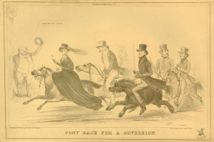 Eine Gruppe von Menschen, die auf einem Papier mit Text reiten, nimmt an einem Ponyrennen für einen Souverän teil.