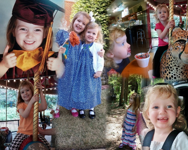 Ein Collage mit Vergnügungspark-Fahrgeschäften, einem Tisch mit Essensgegenständen, darunter ein Becher und ein Löffel, verschiedenen Gegenständen, Lichtern, einer Wand, Büschen, Bäumen, Gras, einem Seil und einem Hut.