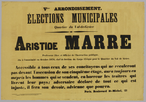 Plakat mit Text "Elections Municipales Aristide Marre" auf einem weißen Hintergrund.