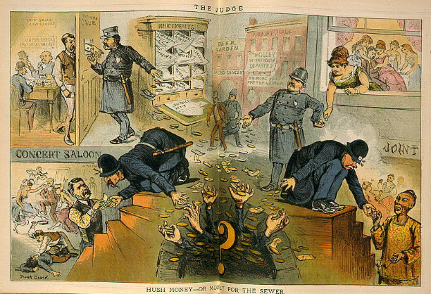 Eine Karikatur von einem Gerichtssaal mit einem Richter in Anzug und Hut, der einen Stock und ein Buch hält und von Menschen umgeben ist, die stehen und sitzen, mit Papieren auf dem Boden, die 'Schweigegeld oder Geld für die Kanalisation' lesen.