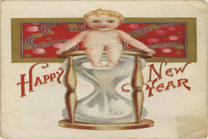 Eine altmodische Postkarte mit einem Baby in einem weißen Kleid auf einer Sanduhr sitzend, mit "Frohes neues Jahr" in einer dekorativen Schriftart.