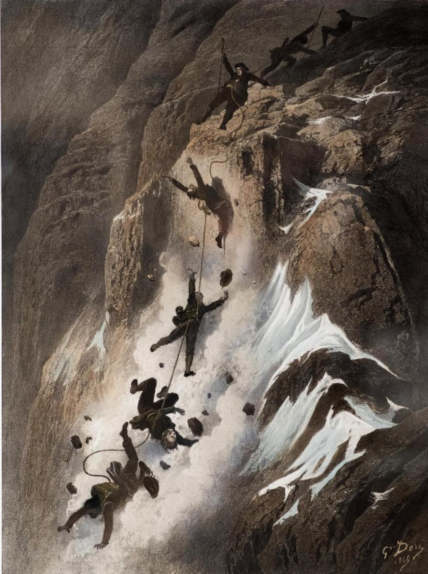 Eine Gruppe von Menschen in Helmen und Kletterausrüstung steigt einen steilen Felsen neben einem Wasserfall hinauf, mit Seilen als Unterstützung, unter dem Titel "Gustave Doré - Klettern in den Alpen."