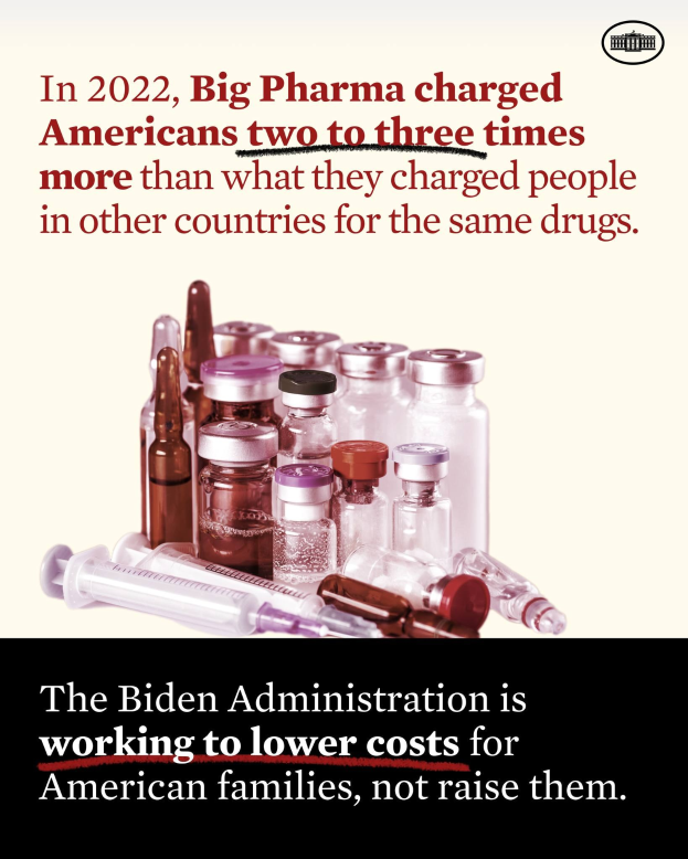 Plakat zeigt, dass Big Pharma 2022 Amerikaner zwei bis drei Mal so viel für dieselben Medikamente berechnete wie andere Länder, mit Bildern von Medikamentenflaschen und einer Spritze.