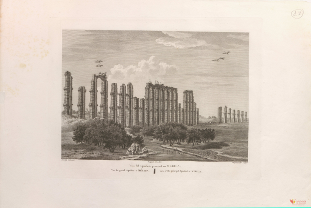 Ein altes Buch mit einer Zeichnung der Ruinen des Tempels von Olympias Zeus, umgeben von Bäumen und Menschen, mit einem bewölkten Himmel und fliegenden Vögeln und Text unten.