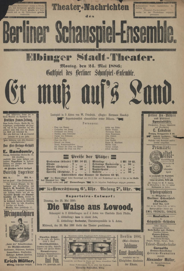 Eine alte Zeitungsanzeige aus dem Jahr 1866 für das Berliner Schauspiel-Ensemble, das einen Mann in Anzug und Krawatte zeigt, mit beschreibendem Text zum Ereignis.
