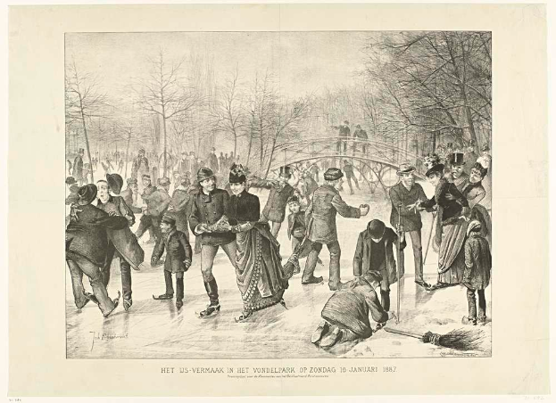 Eine Gruppe von Menschen, die auf einer Eisbahn in einem Park Schlittschuh laufen, mit Bäumen und einer Brücke im Hintergrund und einem Text unten, der lautet "Het us-vermaak in het vondelpark op zondag 10 januar 1887".