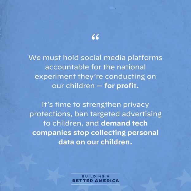 Plakat mit einem Zitat aus 'Building a Better America', das die Verantwortung von Social-Media-Plattformen für ihre Auswirkungen auf Kinder betont, dekoriert mit Sternen.