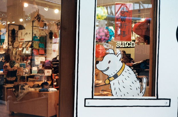 Eine Abbildung eines Hundes mit Text auf der rechten Seite und auf der linken Seite ein Raum mit Lichtern, Flaggen, Regalen, Sofas, Kleidung, Dekorationen, Menschen, Stühlen und verschiedenen anderen Gegenständen.