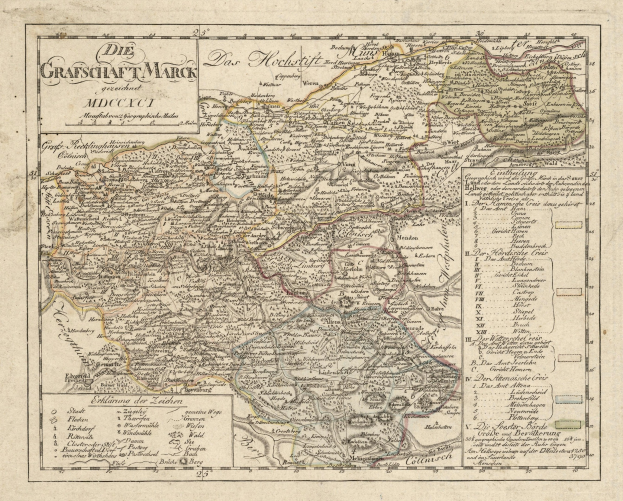 Ein detailliertes altes Stadtplan von München, Deutschland, mit Straßen, Parks und Sehenswürdigkeiten, in Blau-, Grün- und Gelbtönen und einem verzierten Rand.
