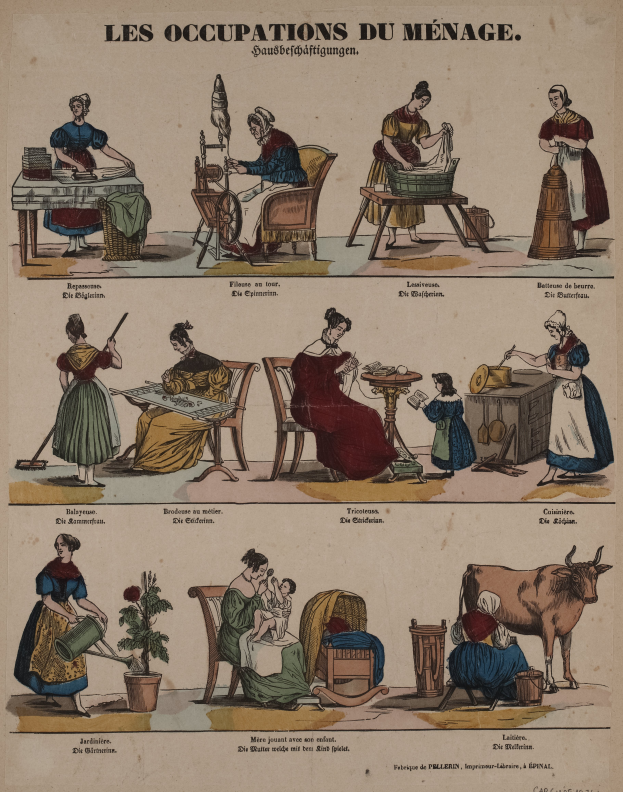 Ein Plakat aus dem 19. Jahrhundert, das verschiedene Berufe zeigt, mit Männern und Frauen in verschiedenen Posen, einer Kuh, einem Topf mit einer Pflanze und anderen Gegenständen sowie begleitendem Text.
