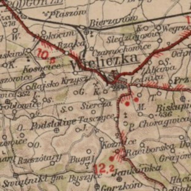 Eine alte Karte mit einer roten Linie, die eine Zugroute von Prag nach Prag anzeigt, gefüllt mit Text und Zahlen, die die Route detailieren.