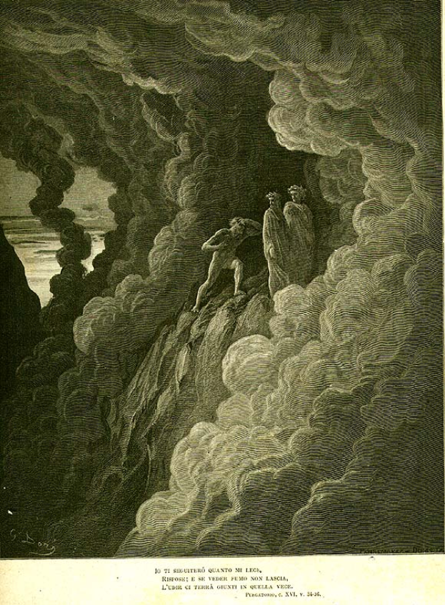 Eine Schwarz-Weiß-Radierung eines verzweifelten Mannes, der auf einem Felsen steht und von dunklen Wolken umgeben ist, mit der Inschrift 'Gustave Doré - Der Tod des heiligen Johannes' unten.