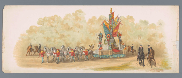 Ein Bild eines Karnevalsumzugs mit Menschen in bunten Kostümen, die auf Pferden vor einem geschmückten Festwagen reiten, unter einem klaren blauen Himmel mit Bäumen im Hintergrund.