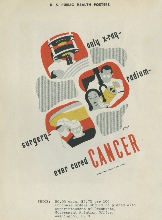 Plakat mit einem Mann in Anzug und weißem Laborkittel mit Stethoskop, entschlossen aussehend, mit fetter weißer Schrift "Chirurgie heilt Krebs" auf hellem Pink-Hintergrund.