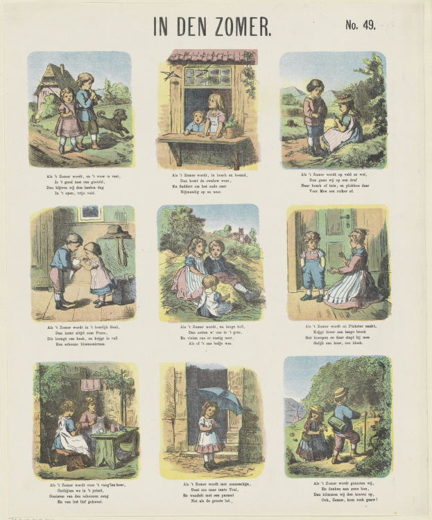 Ein buntes Kinderbild von Kindern, die in einem grünen Garten mit Bäumen spielen und strahlend bunte Kleidung tragen, begleitet von spielerischem Text.