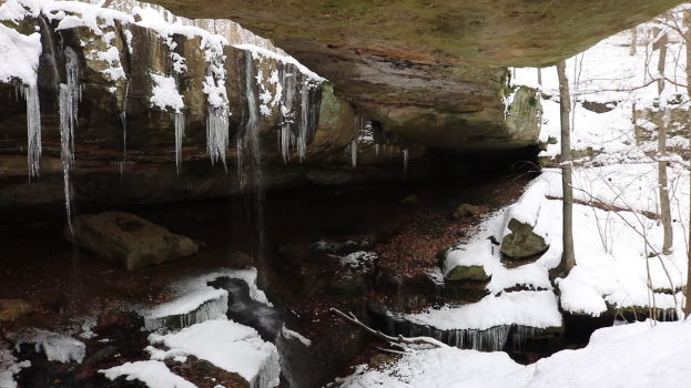 Ein kleiner Wasserfall ergießt sich über eine schneebedeckte, felsige Klippe in einem bewaldeten Gebiet, mit Eiszapfen an den Felsen und schneebedeckten Bäumen im Hintergrund.