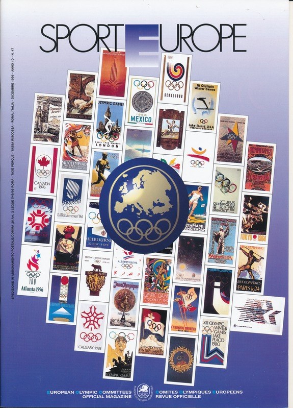 Ein Buchumschlag mit dem Titel "Sporting Europe", der farbenfrohe Bilder und Texte über die Olympischen Spiele in Europa zeigt, mit auffälliger weißer Schrift auf einem bunten, detailreichen Design.