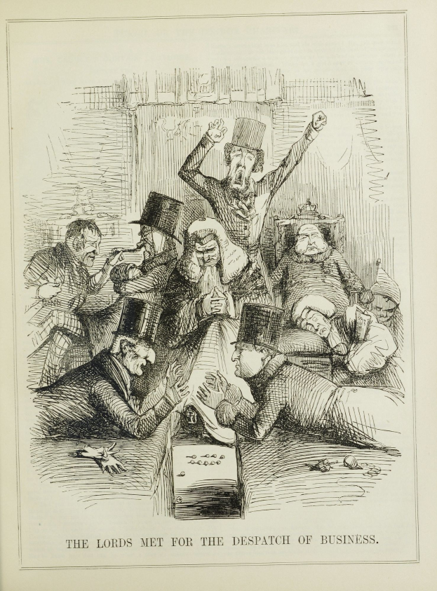 Eine historische Illustration, die eine Gruppe von Menschen in Not zeigt, einige schauen ängstlich hoch, andere verwirrt runter, begleitet von Text, der "Die Lords trafen sich zur Geschäftsabwicklung" lautet.