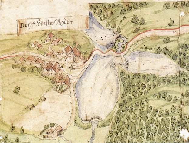 Alte Karte einer Kleinstadt mit einem Fluss, Häusern, Bäumen und Gras, mit Text auf altem Papier.