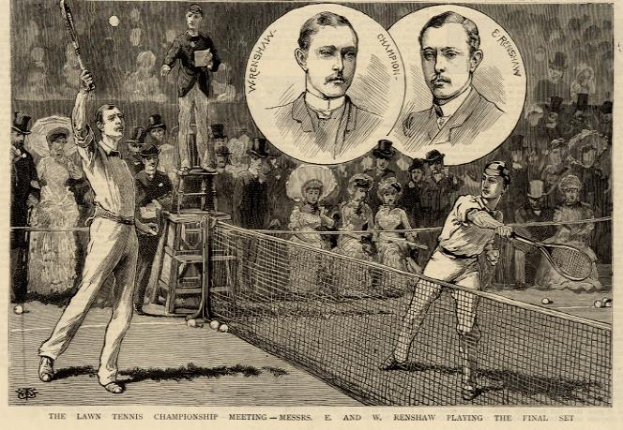 Eine Schwarz-Weiß-Zeichnung von zwei Männern, die auf einem Platz Tennis spielen, mit einem Netz und einer Gruppe von Zuschauern im Hintergrund, und einem Text unten, der lautet: "The Lawn Tennis Championship Meeting - Messers, E and W Renshaw Playing the Final Set".