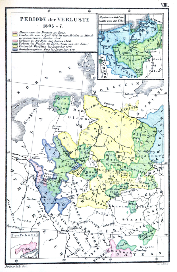 Ein Plakatplan von Deutschland während der Verluste-Zeit, mit farbigen Regionen und beschrifteten Städten, Ortschaften und geografischen Merkmalen.