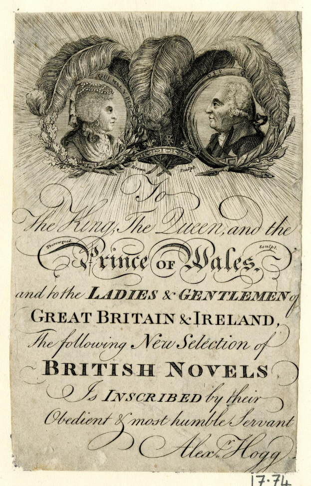 Alte Buchumschlagabbildung mit einem gekrönten Mann und einer bewundernden Frau, mit Text 'Der König, die Queen und der Prince of Wales und an die Damen und Herren von Großbritannien und Irland'.