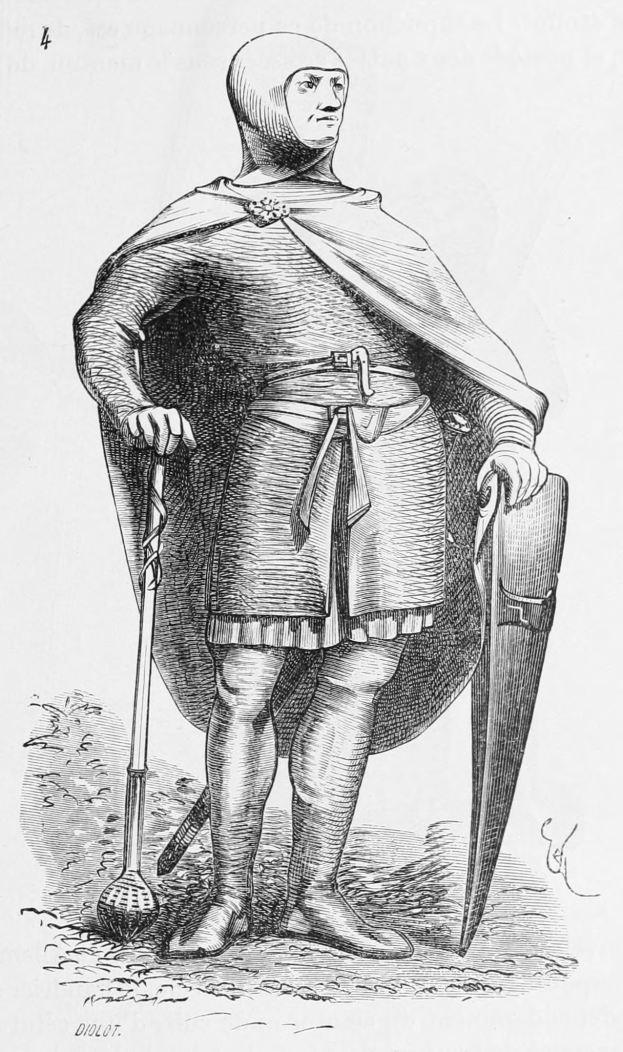 Ein Mann in mittelalterlicher Rüstung, der ein Schwert und einen Schild hält, steht in einer heroischen Pose mit detaillierten Gesichtsmerkmalen und starker Haltung.