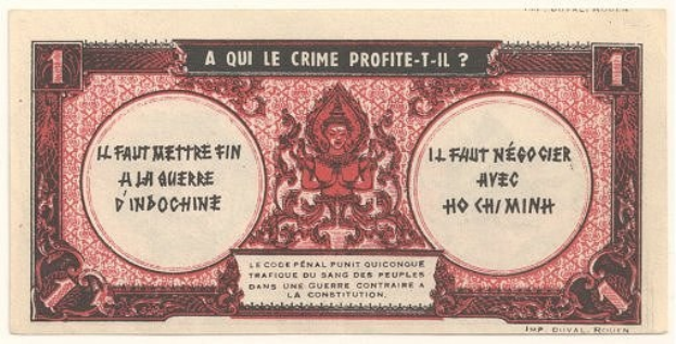 Alte französische Banknote mit ernst dreinschauendem Mann im Anzug, Text 'A qui le crime profite-il?' auf weißem Hintergrund mit schwarzem Rand.